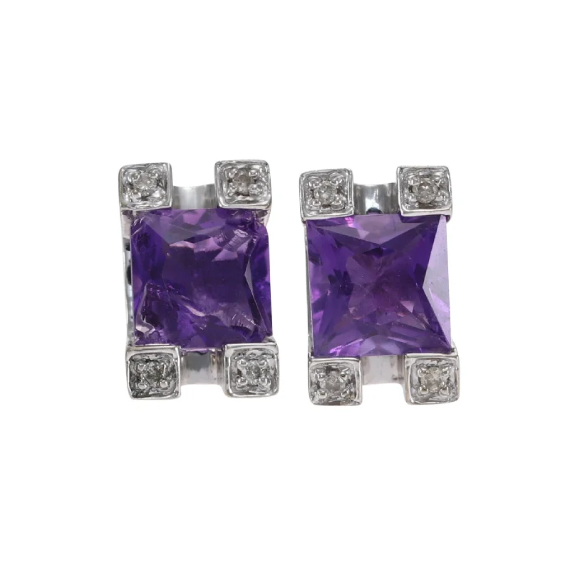 1.33CTW Princess Amethyst Diamond Stud Earrings 14k White Gold Butterfly Backs