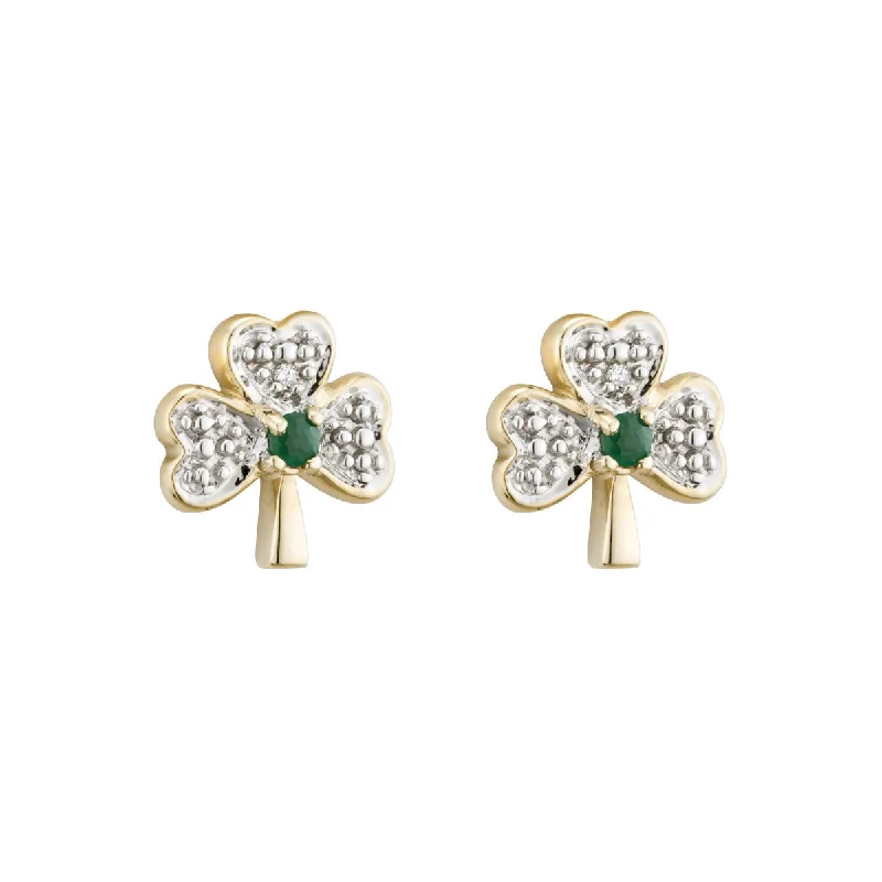 14K Gold Diamond & Emerald Shamrock Stud Earrings