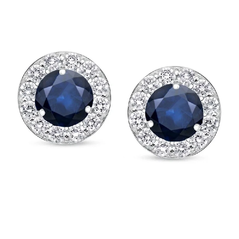 14k Gold Round 1 1/5ct Blue Sapphire and 4/5ct TDW Diamond Halo Stud Earrings by Auriya