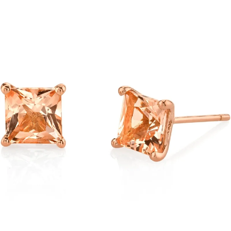 14k Rose Gold Morganite Stud Earrings 2 ct Princess Shape