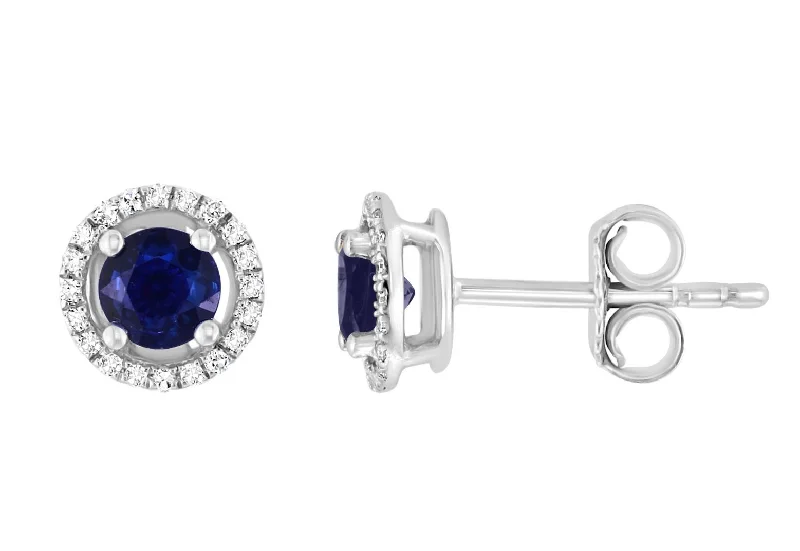 14K White Gold 0.78ctw Round Blue Sapphire & Diamond Halo Stud Earrings