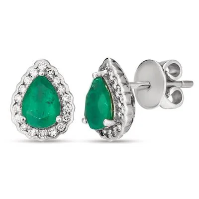 14K White Gold 1.21ctw Pear Emerald & Diamond Halo Stud Earrings by Le Vian