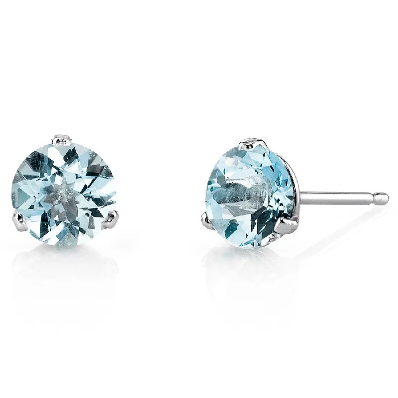 14k White Gold Aquamarine Stud Earrings 1.37 ct Round Shape