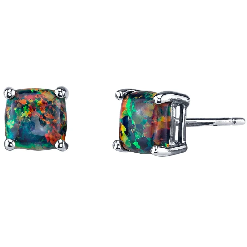 14k White Gold Black Opal Stud Earrings 1 ct Cushion Shape