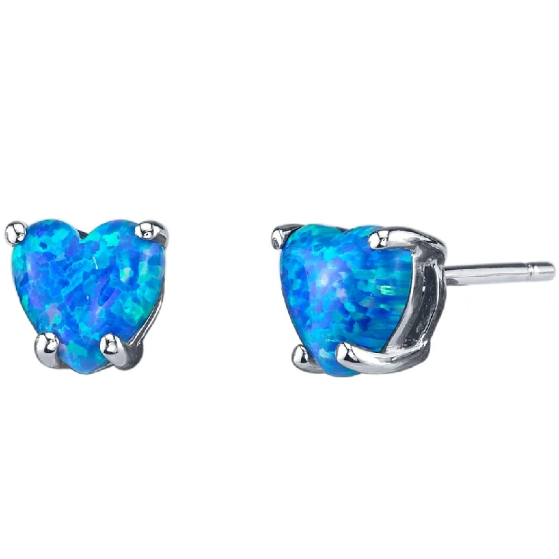 14k White Gold Blue Opal Stud Earrings 1 ct Heart Shape