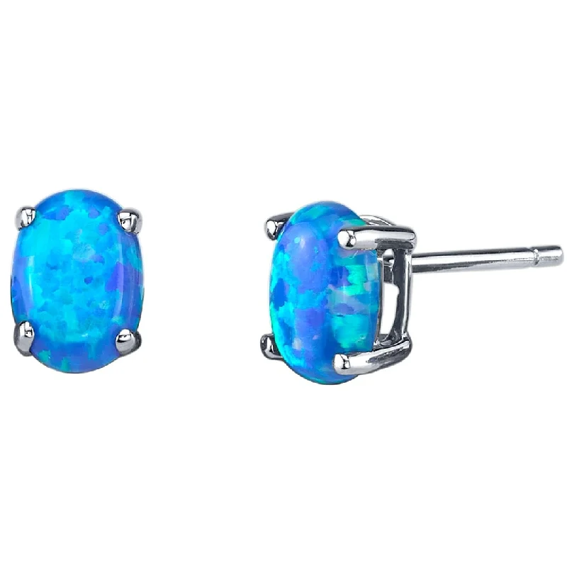 14k White Gold Blue Opal Stud Earrings 1 ct Oval Shape