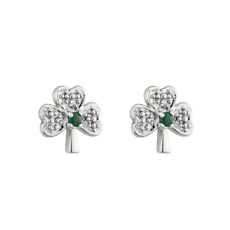 14K White Gold Diamond & Emerald Shamrock Stud Earrings