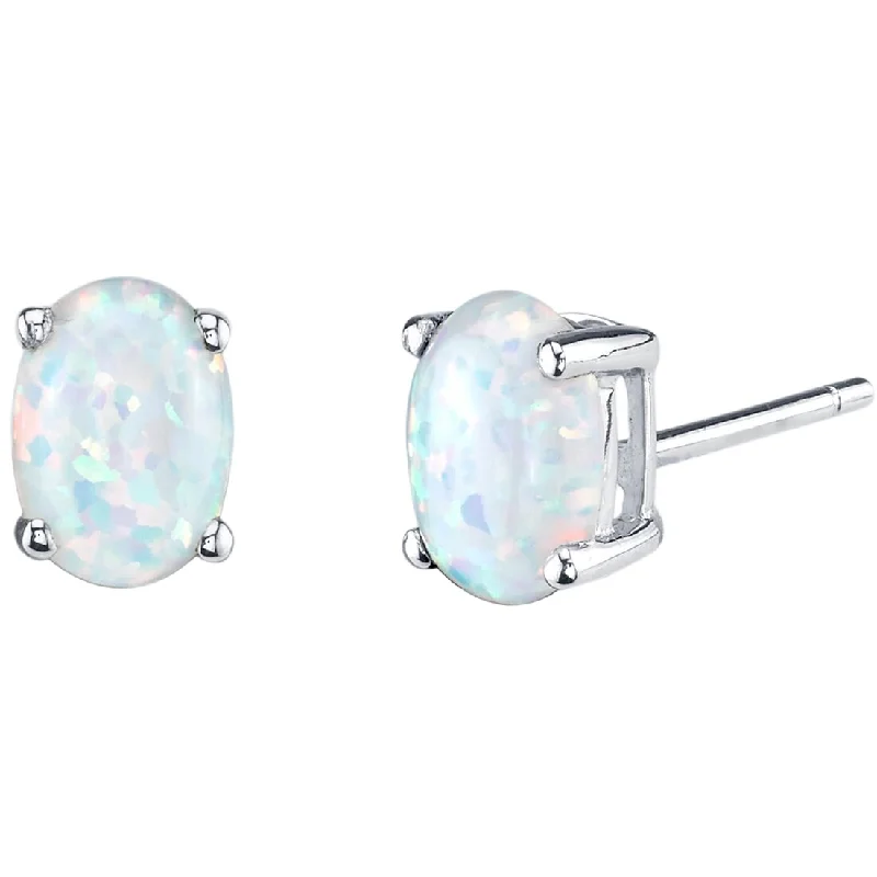 14k White Gold White Opal Stud Earrings 1 ct Oval Shape