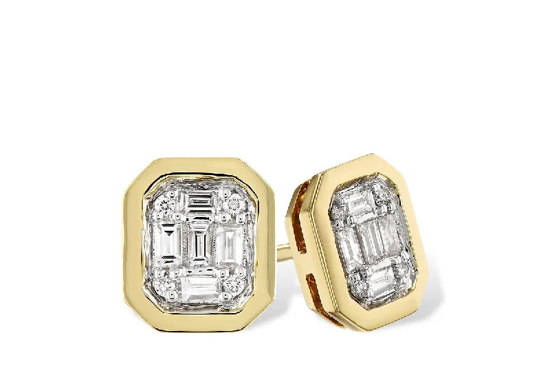 14K Yellow Gold 0.16ctw Baguette & Round Diamond Geometric Stud Earrings by Allison Kaufman