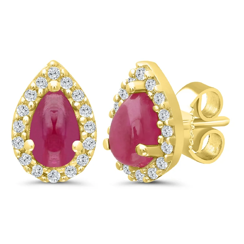 14K Yellow Gold 0.75ctw Pear Lovefire Ruby & Diamond Halo Stud Earrings