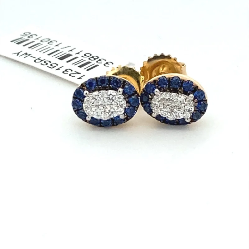 14K Yellow Gold 0.78ctw Blue Sapphire & Diamond Cluster Halo Stud Earrings