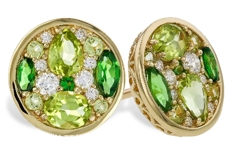 14K Yellow Gold 1.19ctw Tsavorite Garnet, Peridot & Diamond Cluster Stud Earrings by Allison Kaufman