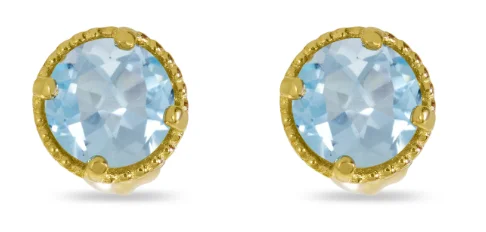 14K Yellow Gold 4mm Round Aquamarine Milgrain Stud Earrings