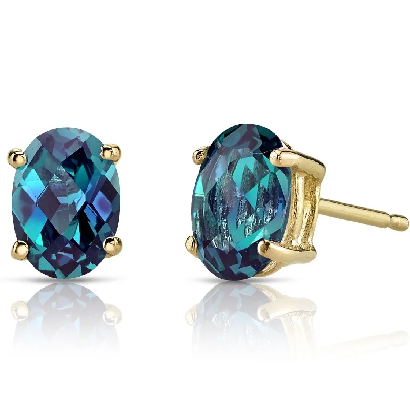 14k Yellow Gold Alexandrite Stud Earrings 2 ct Oval Shape