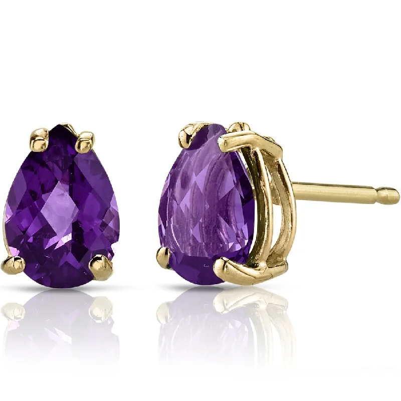 14k Yellow Gold Amethyst Stud Earrings 1.15 ct Pear Shape