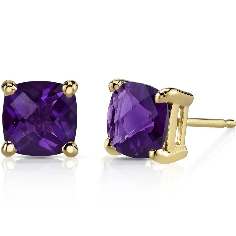 14k Yellow Gold Amethyst Stud Earrings 1.66 ct Cushion Shape