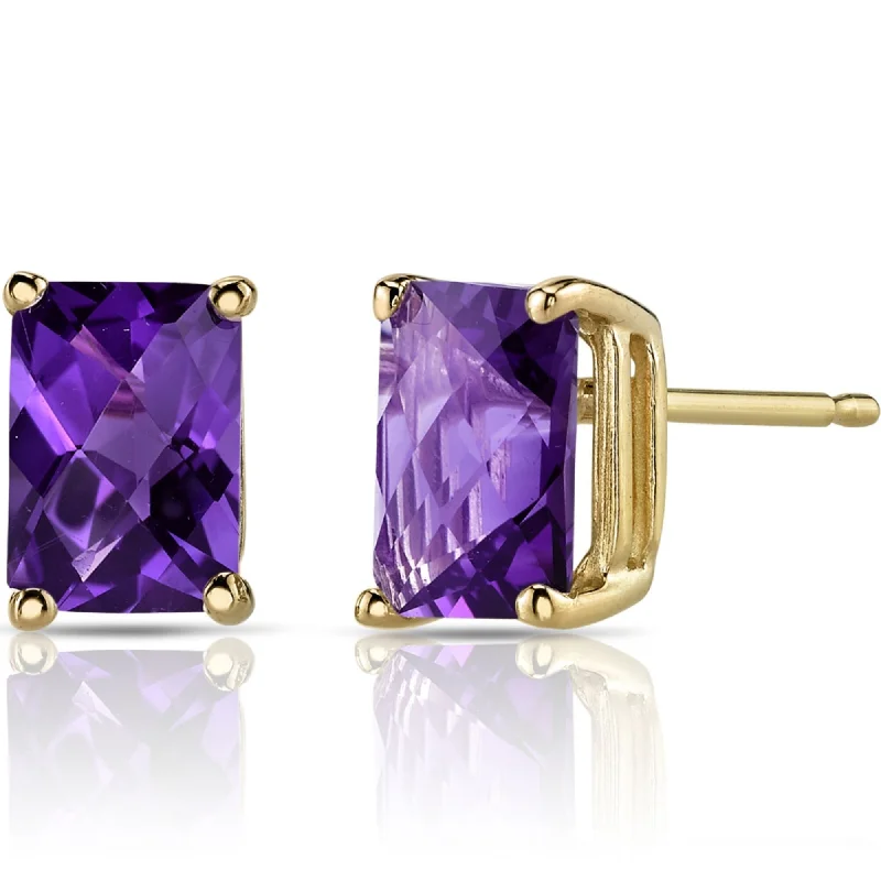 14k Yellow Gold Amethyst Stud Earrings 1.67ct Radiant Shape