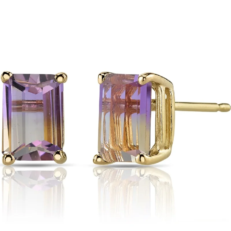 14k Yellow Gold Ametrine Stud Earrings 1.88 ct Emerald Shape