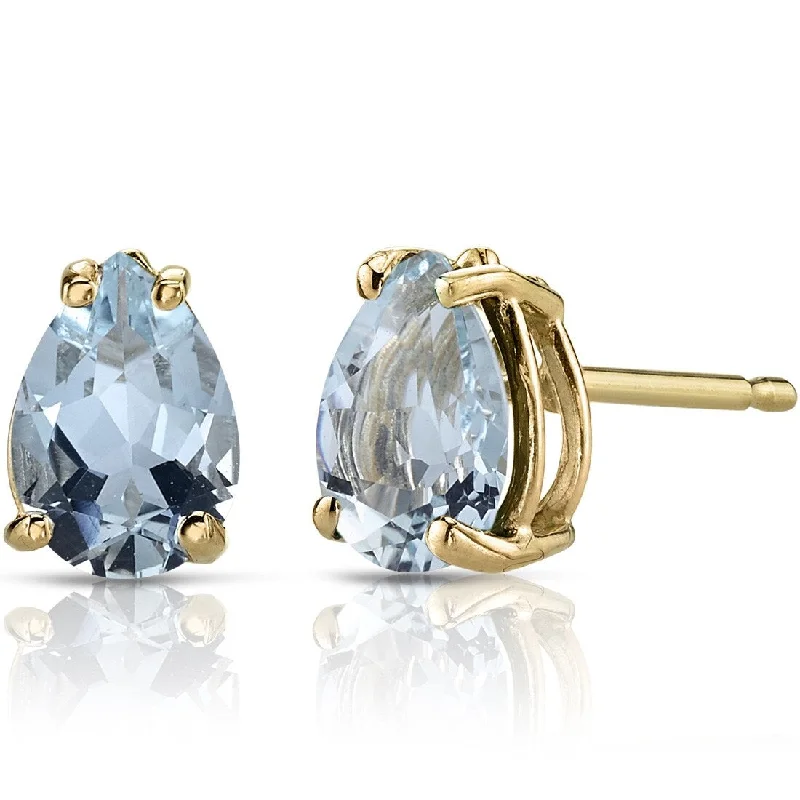 14k Yellow Gold Aquamarine Stud Earrings 1.11 ct Pear Shape