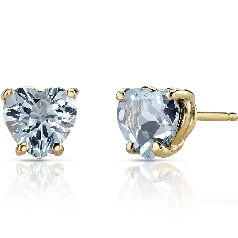 14k Yellow Gold Aquamarine Stud Earrings 1.38 ct Heart Shape