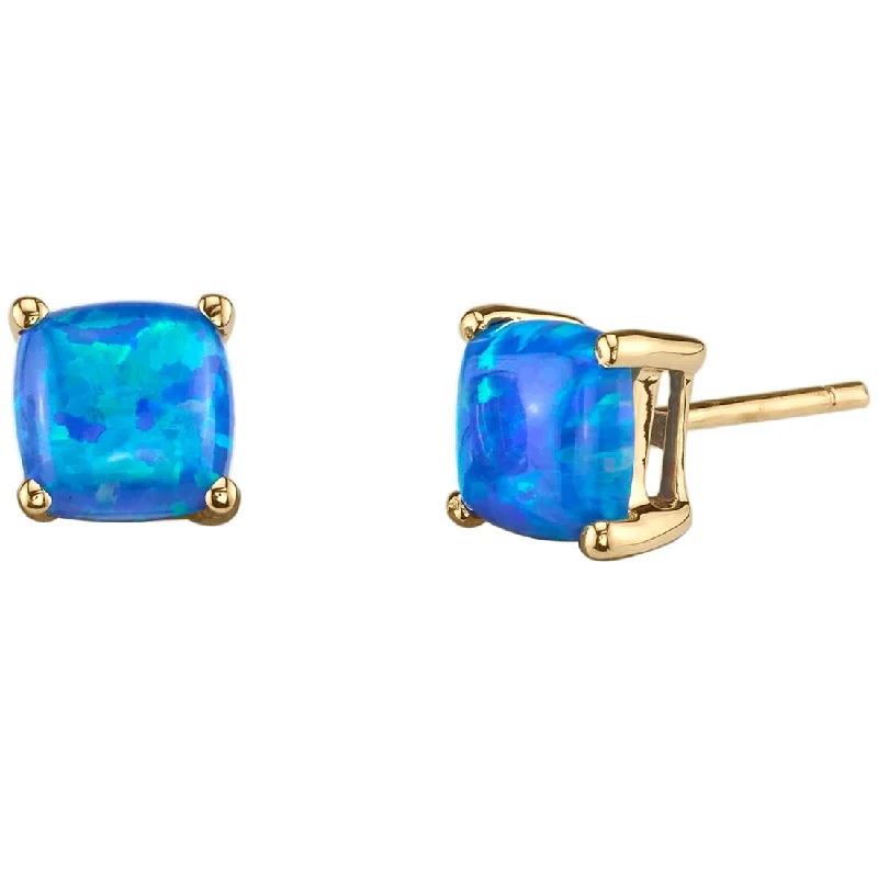 14k Yellow Gold Blue Opal Stud Earrings 1 ct Cushion Shape