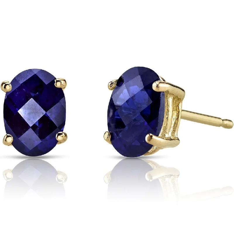 14k Yellow Gold Blue Sapphire Stud Earrings 1.86 ct Oval Shape