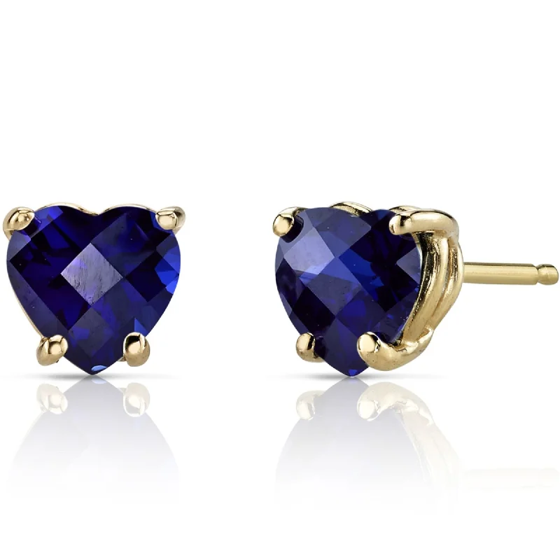 14k Yellow Gold Blue Sapphire Stud Earrings 2.3ct Heart Shape