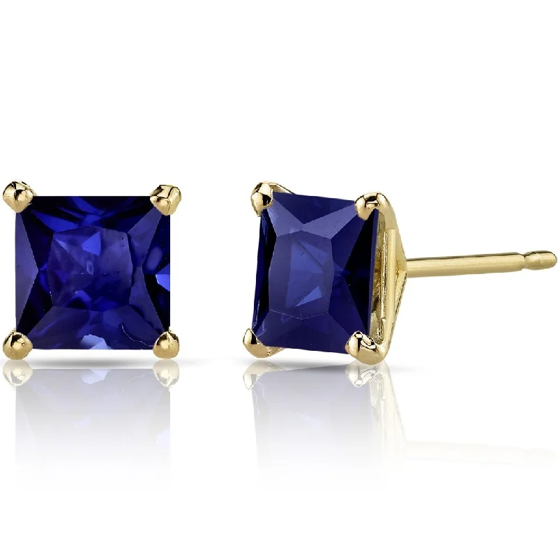 14k Yellow Gold Blue Sapphire Stud Earrings 2.76 ct Princess Shape