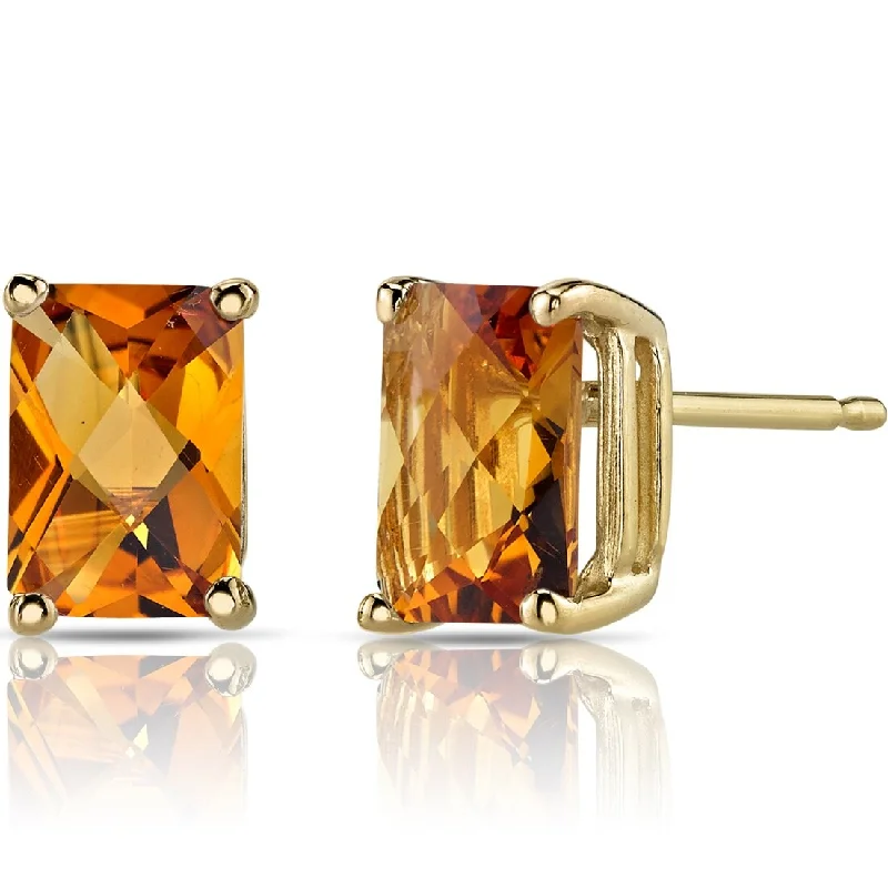 14k Yellow Gold Citrine Stud Earrings 1.67 ct Radiant Shape