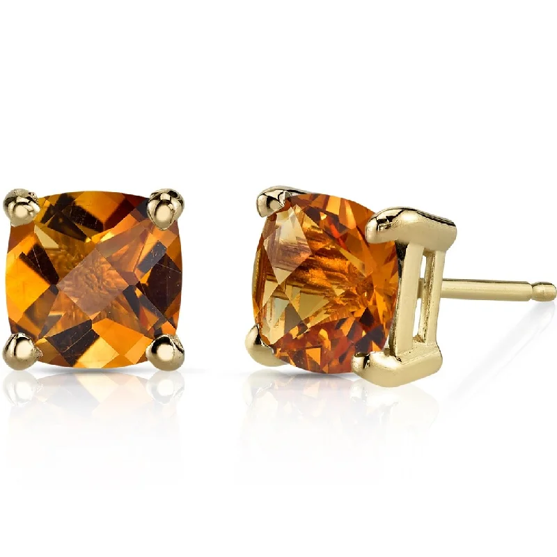 14k Yellow Gold Citrine Stud Earrings 1.7 ct Cushion Shape