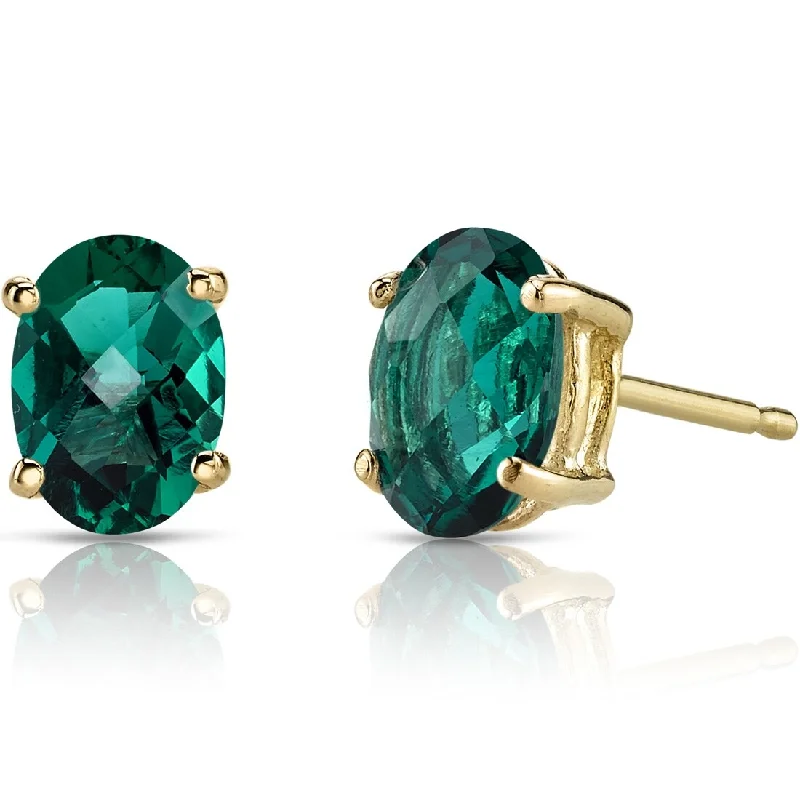 14k Yellow Gold Emerald Stud Earrings 1.47 ct Oval Shape