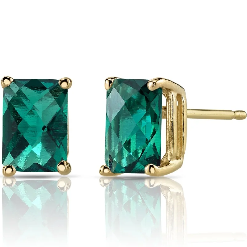 14k Yellow Gold Emerald Stud Earrings 1.71 ct Radiant Shape