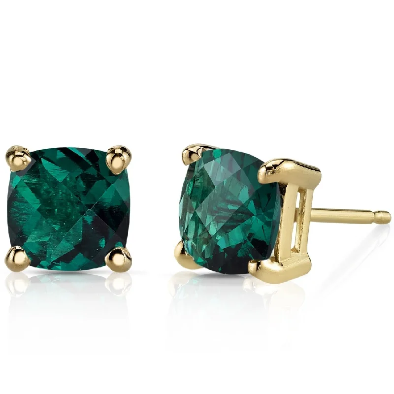 14k Yellow Gold Emerald Stud Earrings 1.72 ct Cushion Shape