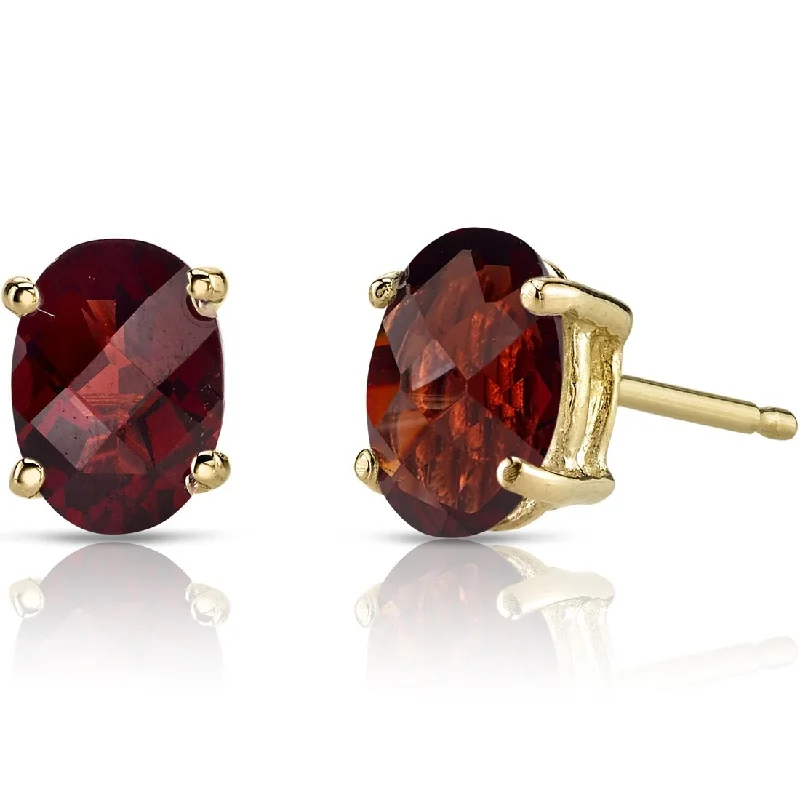 14k Yellow Gold Garnet Stud Earrings 2.04 ct Oval Shape