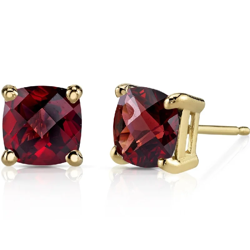 14k Yellow Gold Garnet Stud Earrings 2.41 ct Cushion Shape