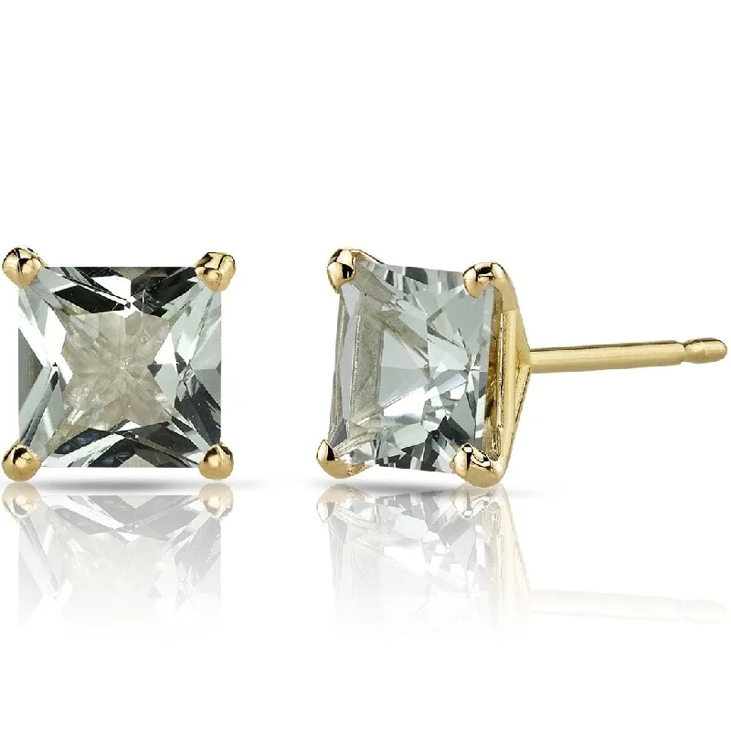 14k Yellow Gold Green Amethyst Stud Earrings 1.88 ct Princess Shape