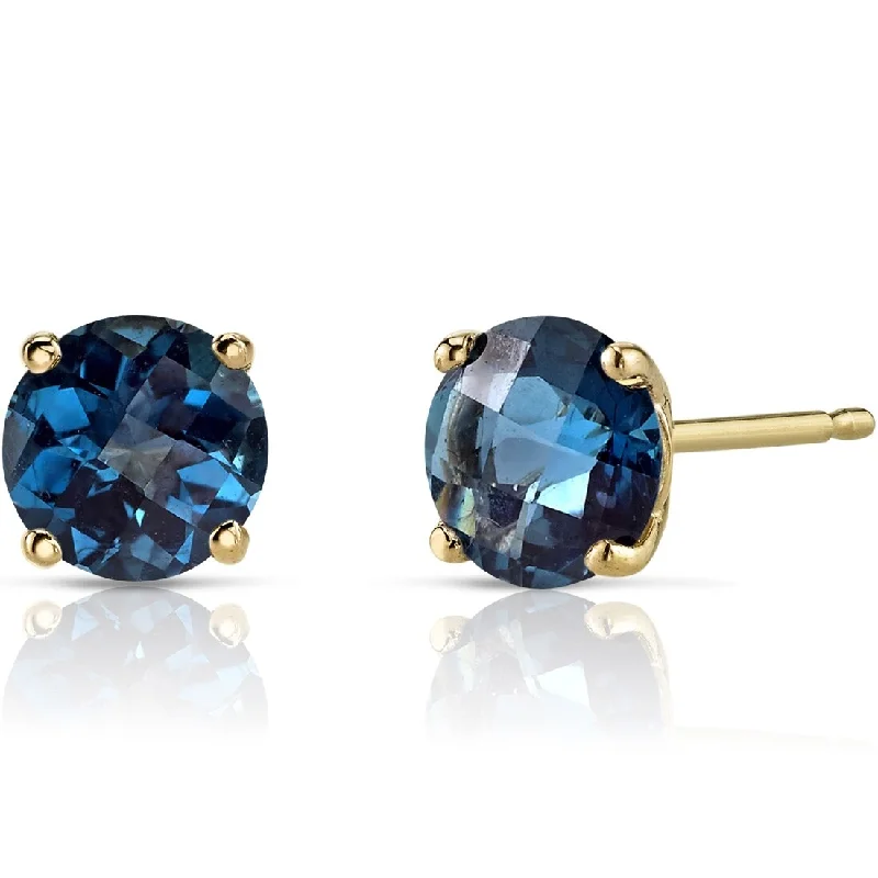 14k Yellow Gold London Blue Topaz Stud Earrings 1.96 ct Round Shape