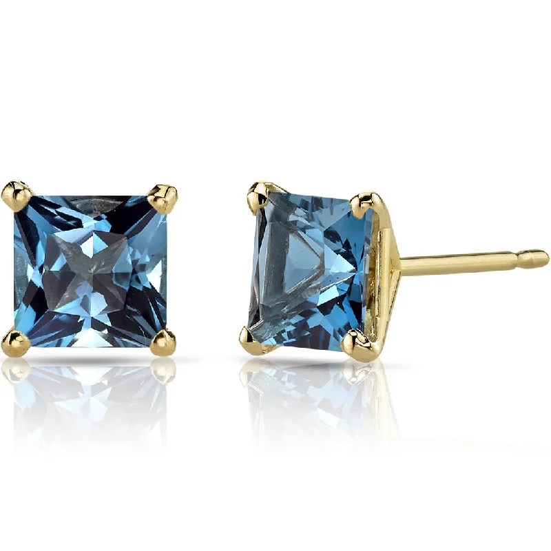 14k Yellow Gold London Blue Topaz Stud Earrings 2.54 ct Princess Shape