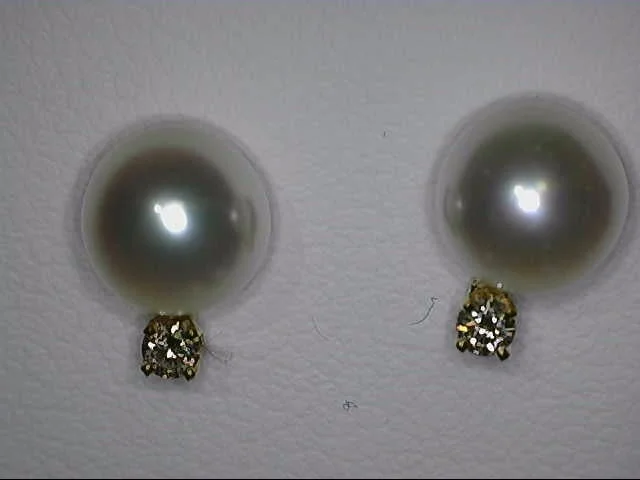 14K Yellow Gold Pearl and Diamond Stud Earrings