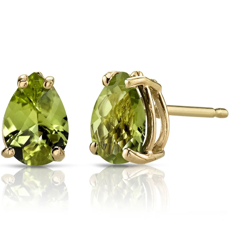 14k Yellow Gold Peridot Stud Earrings 1.38ct Pear Shape