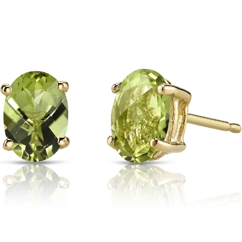 14k Yellow Gold Peridot Stud Earrings 1.82 ct Oval Shape