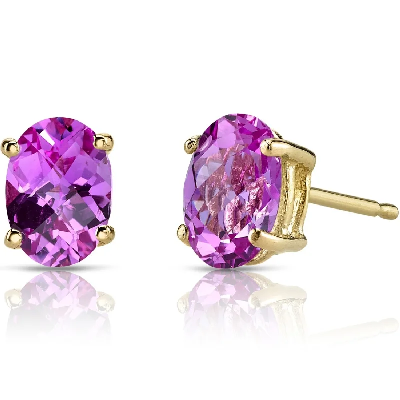 14k Yellow Gold Pink Sapphire Stud Earrings 2.07 ct Oval Shape