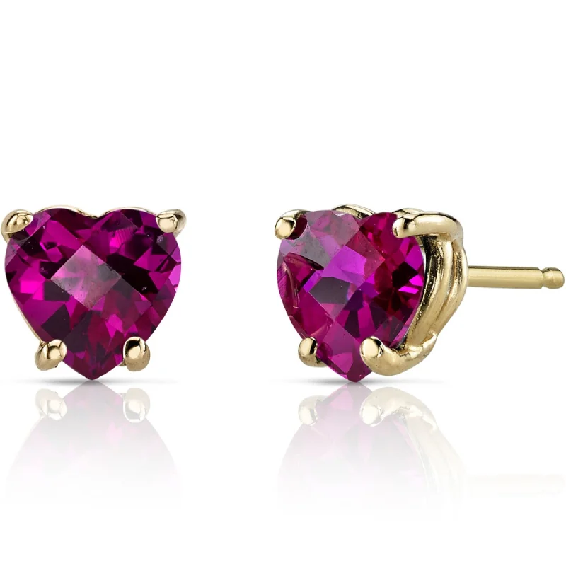 14k Yellow Gold Ruby Stud Earrings 2.19ct Heart Shape