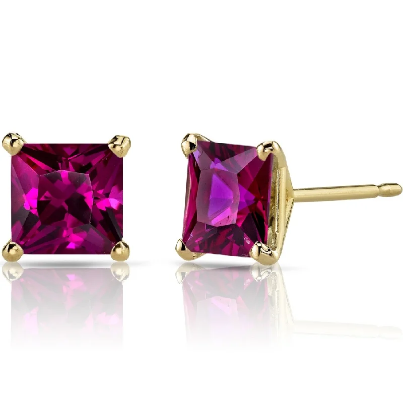 14k Yellow Gold Ruby Stud Earrings 2.91 ct Princess Shape