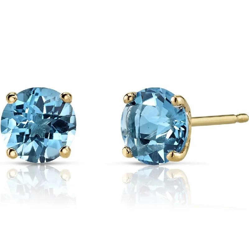 14k Yellow Gold Swiss Blue Topaz Stud Earrings 2.05 ct Round Shape