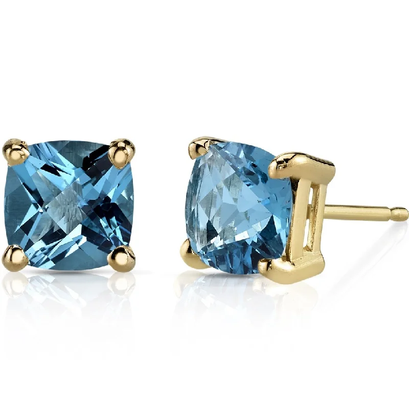 14k Yellow Gold Swiss Blue Topaz Stud Earrings 2.26 ct Cushion Shape