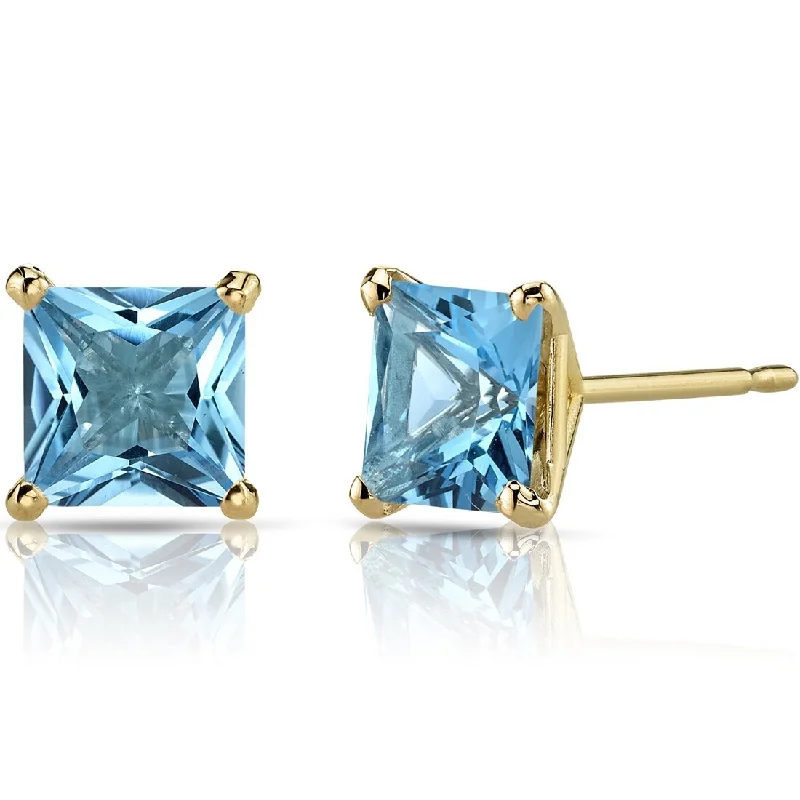 14k Yellow Gold Swiss Blue Topaz Stud Earrings 2.54 ct Princess Shape