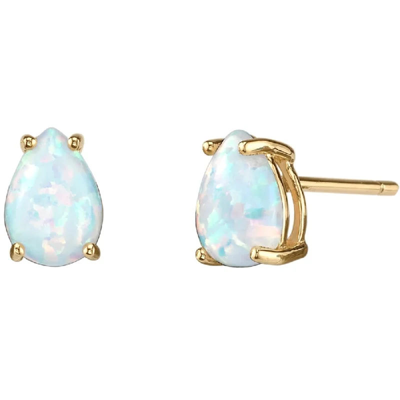 14k Yellow Gold White Opal Stud Earrings 1 ct Pear Shape