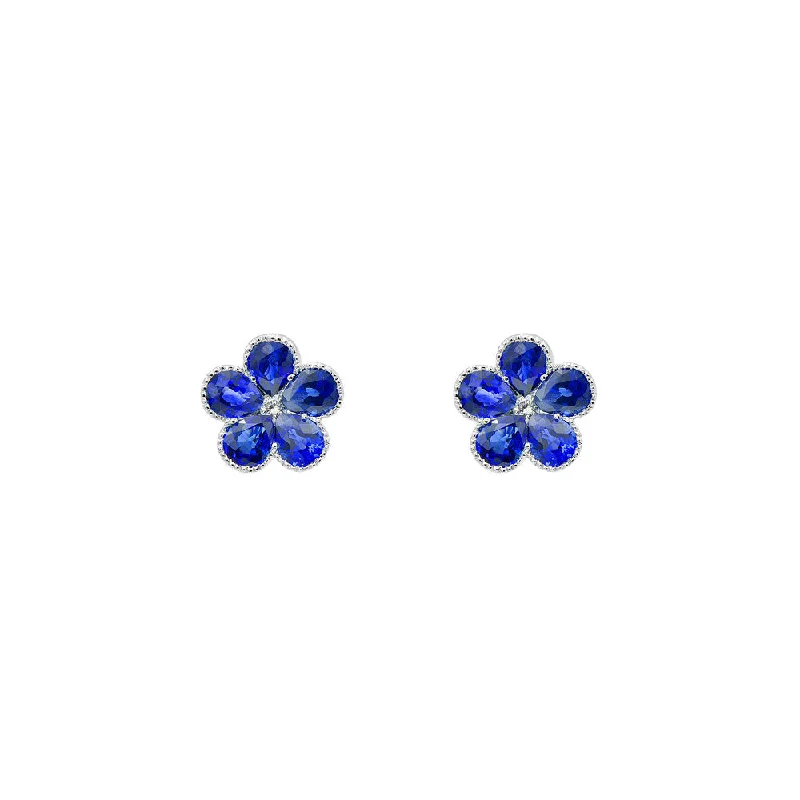 18 Karat White Gold Flower Stud Earrings with Blue Sapphire and Diamonds