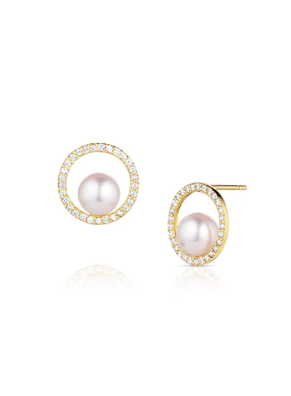 18K Yellow Gold 6-6.5mm Cultured Akoya Pearl & Diamond Open Circle Stud Earrings